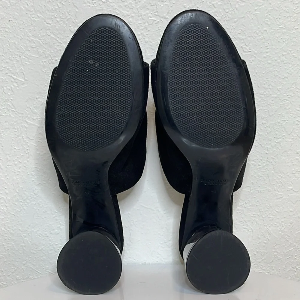 ZARA BLACK FAUX SUEDE SLIDE SANDALS LUCITE ROUND HEEL OPEN TOE MINIMALIST MULES - Picture 13 of 14